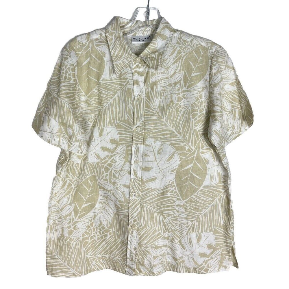 Kim Rogers Sport Women‎ Leaf Print Short Sleeve Button-Up Linen Shirts Size S